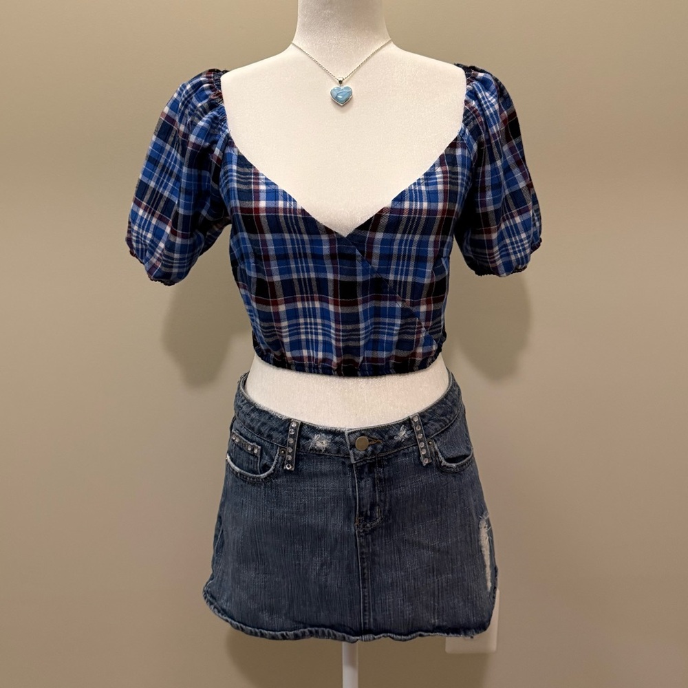blue plaid milkmaid crop top, size S